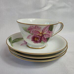Noritake Pink Orchid Cup & Saucers White with Pink Orchid Green Leaves